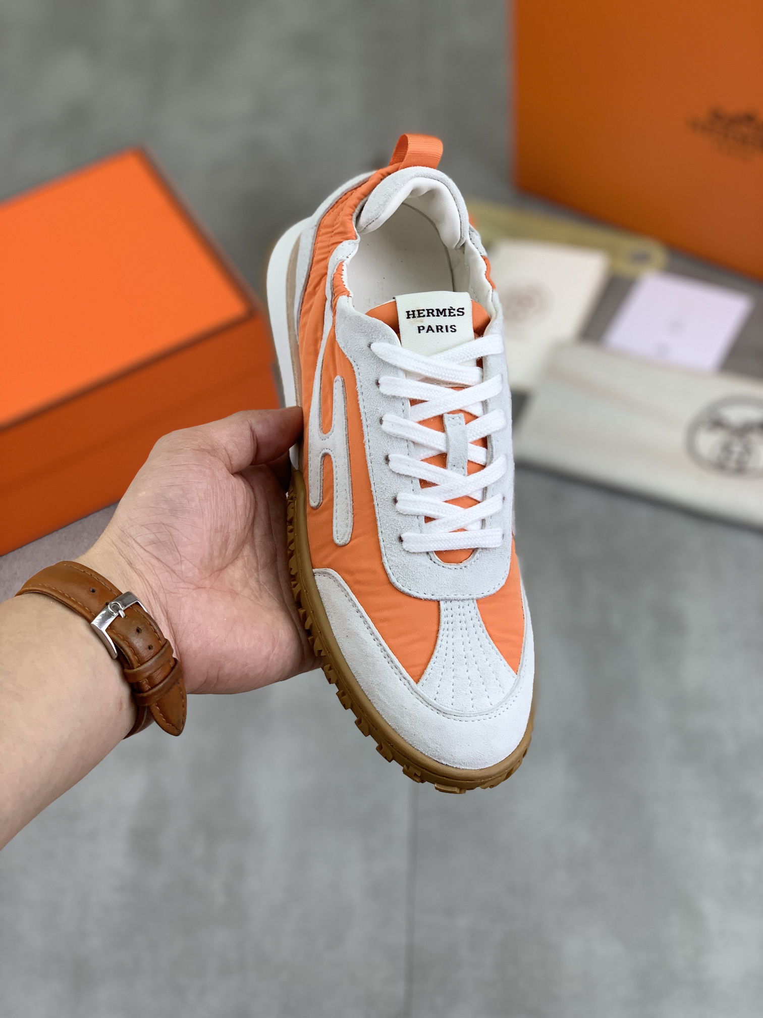 0 (1) Hermes JET H Suede Men's Women's Sneakers Shoes - Image 1