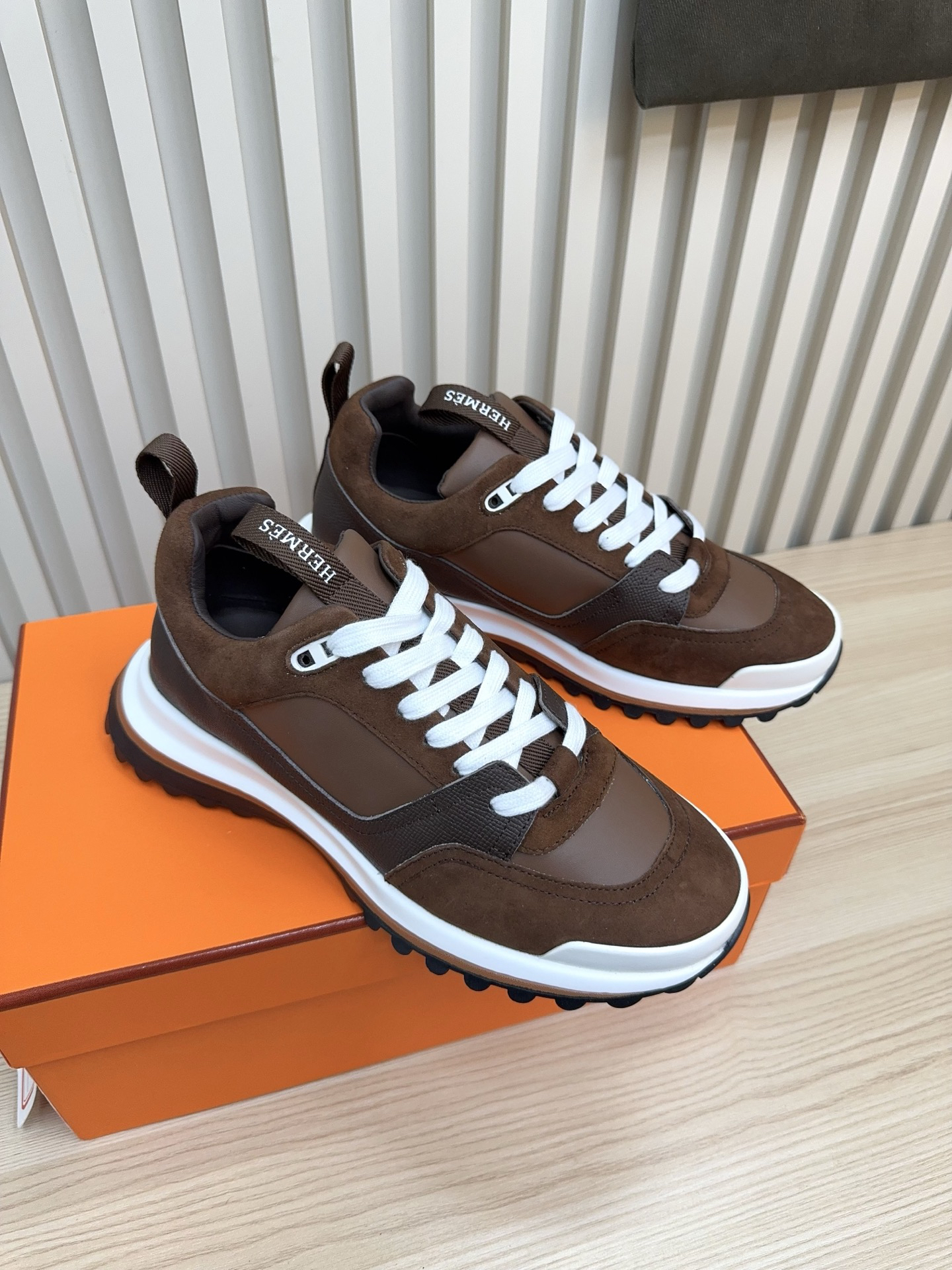 19 Hermes Brown Men’s Sneakers Shoes - Image 1
