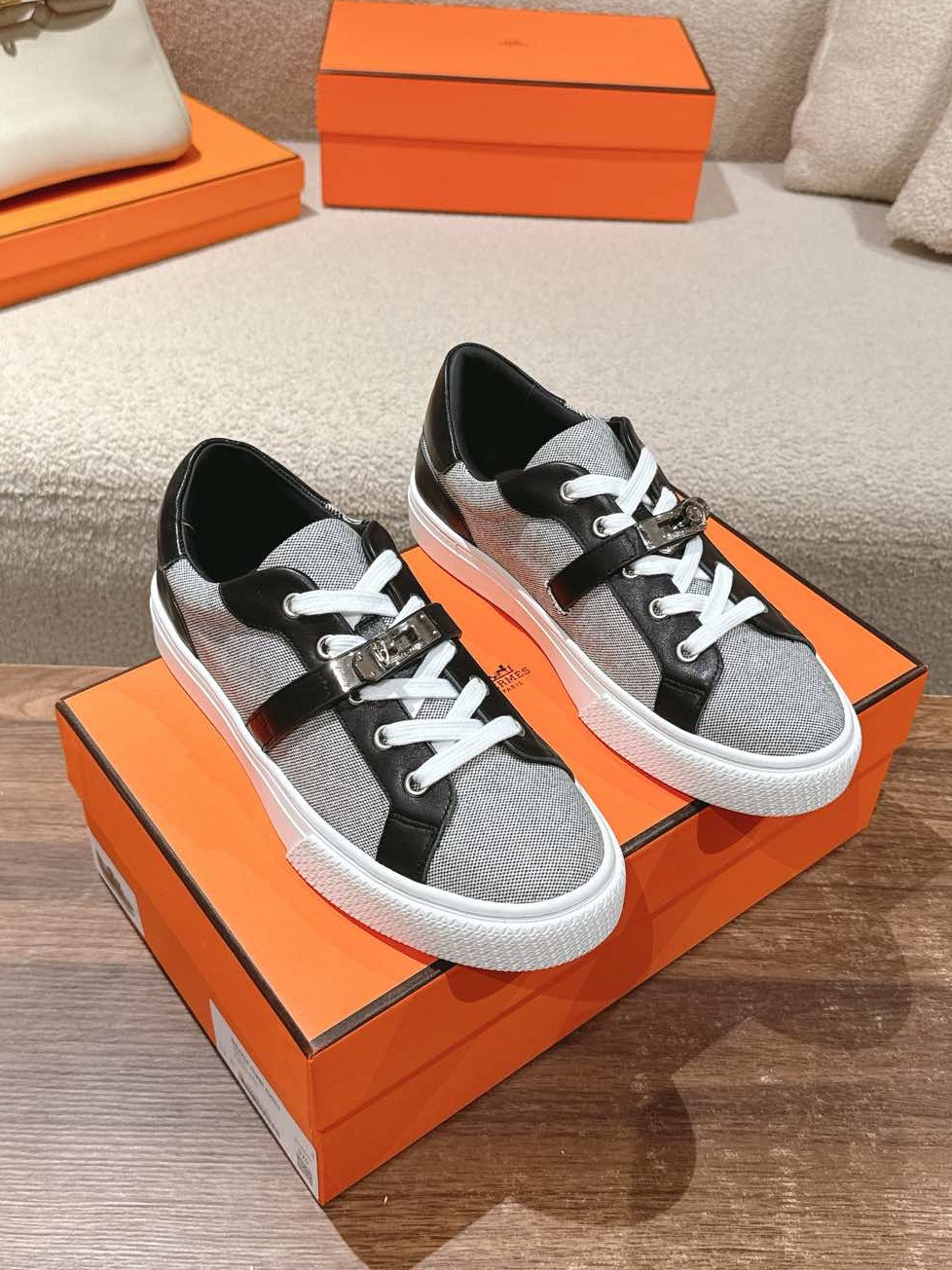 26 Hermes Men's Light Gray Casual Shoes - Image 1